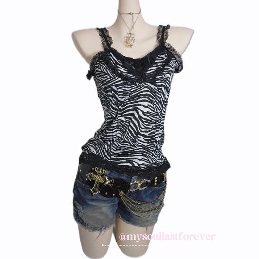 Vintage Cornflake gyaru aesthetic zebra print adjustable strap camisole with lace detailing - Mysoullastforever