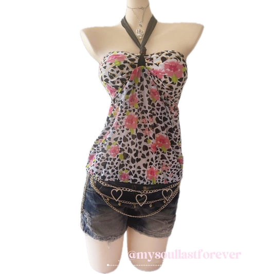 Gyaru aesthetic leopard print flora pattern halter bikini set - Mysoullastforever
