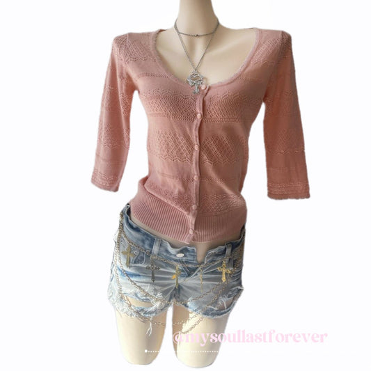 Vintage Glacier adorable shouju salmon pink pointelle cardigan top - Mysoullastforever