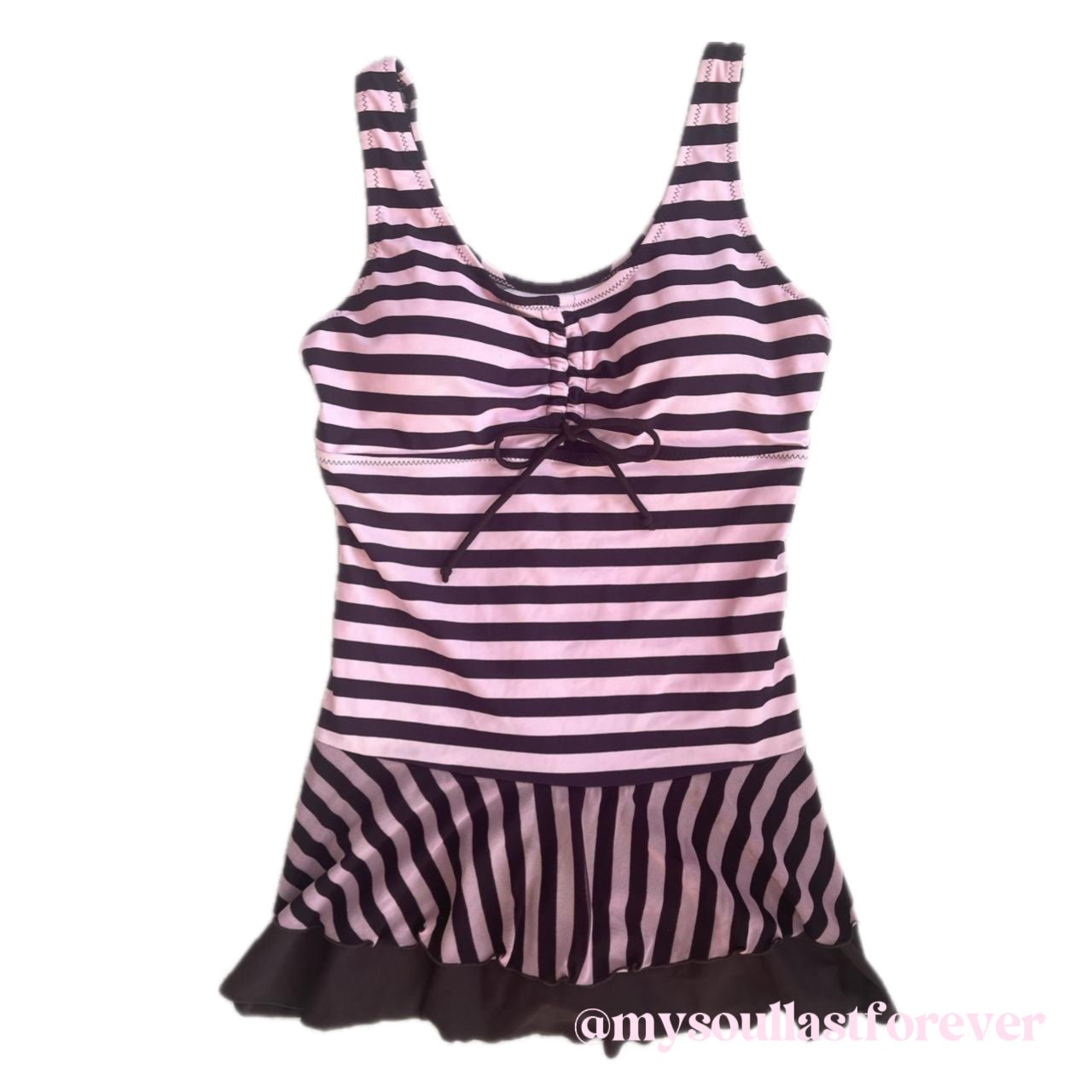 Gyaru aesthetic very rare choco striped one - piece ruffled swimsuit with adjustable tie - Mysoullastforever