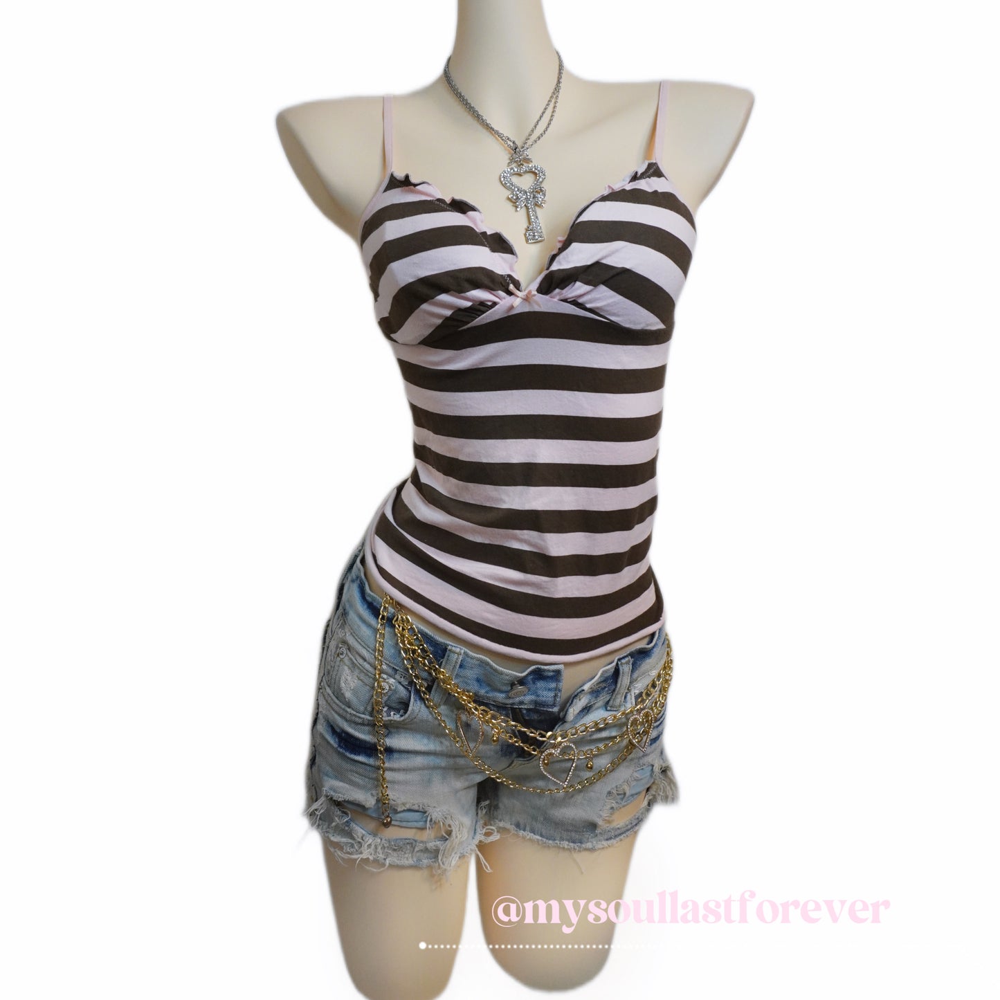 Vintage himekaji adorable dolly choco girl striped ruffle cami top with ribbon details - Mysoullastforever
