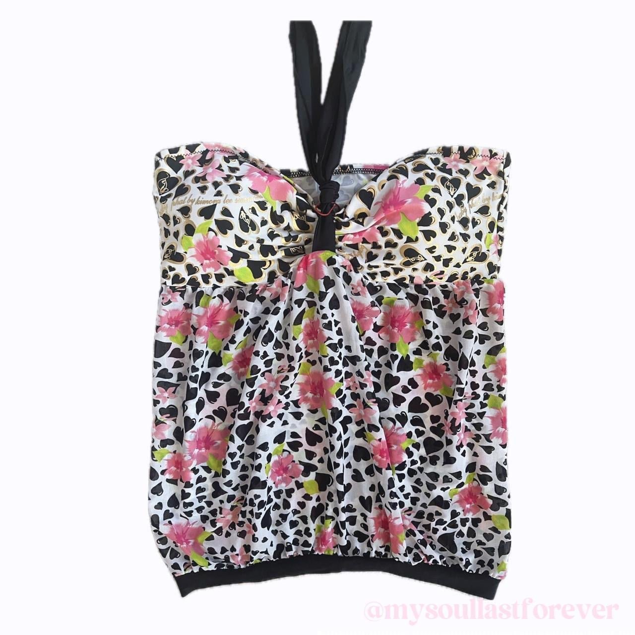 Gyaru aesthetic leopard print flora pattern halter bikini set - Mysoullastforever