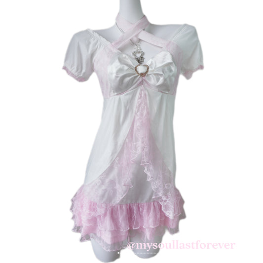 Gyaru aesthetic lace halter neck bow detail babydoll dress - Mysoullastforever