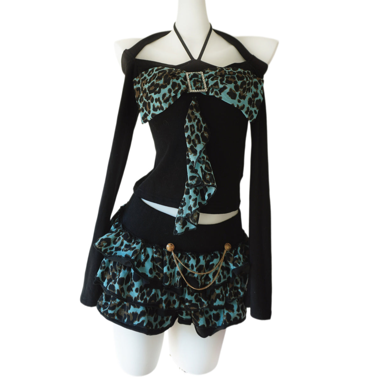 Born this way Independent designer brand mint chocolate gyaru aesthetic leopard print top and mini skirt with bow tie - Mysoullastforever