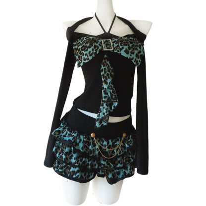 Born this way Independent designer brand mint chocolate gyaru aesthetic leopard print top and mini skirt with bow tie - Mysoullastforever