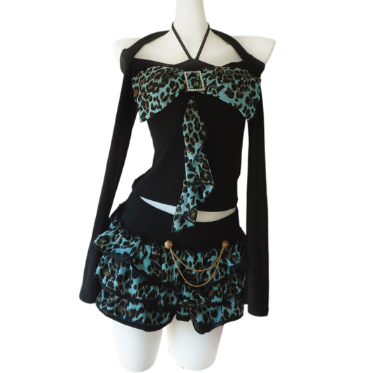 Born this way Independent designer brand mint chocolate gyaru aesthetic leopard print top and mini skirt with bow tie - Mysoullastforever
