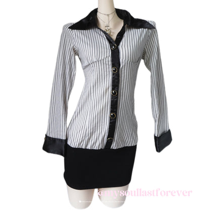 Vintage Skinny Lip office siren vibe striped lace detailing long sleeve button up dress - Mysoullastforever
