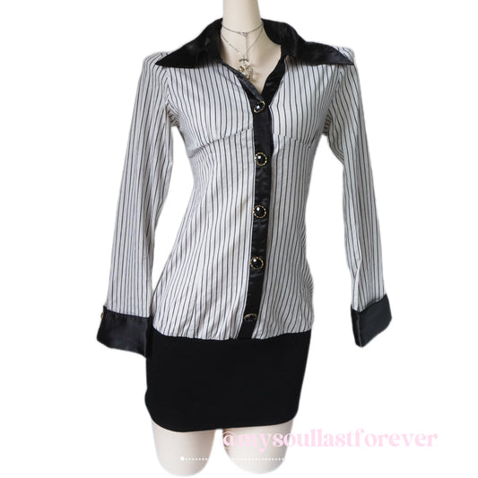 Vintage Skinny Lip office siren vibe striped lace detailing long sleeve button up dress - Mysoullastforever