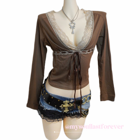 Vintage grunge aesthetic long sleeve top with lace and tie detailing - Mysoullastforever