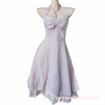 Vintage Jesus Diamante himekaji striped halter dress with lace trim and bow detail - Mysoullastforever