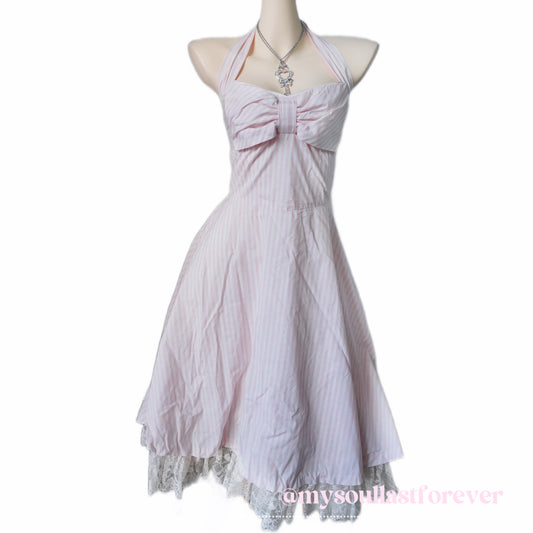 Vintage Jesus Diamante himekaji striped halter dress with lace trim and bow detail - Mysoullastforever