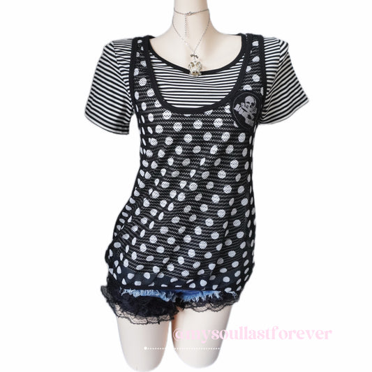 Vintage Algonquins grunge aesthetic two piece polka dot mesh top with lace trim and skull patch - Mysoullastforever