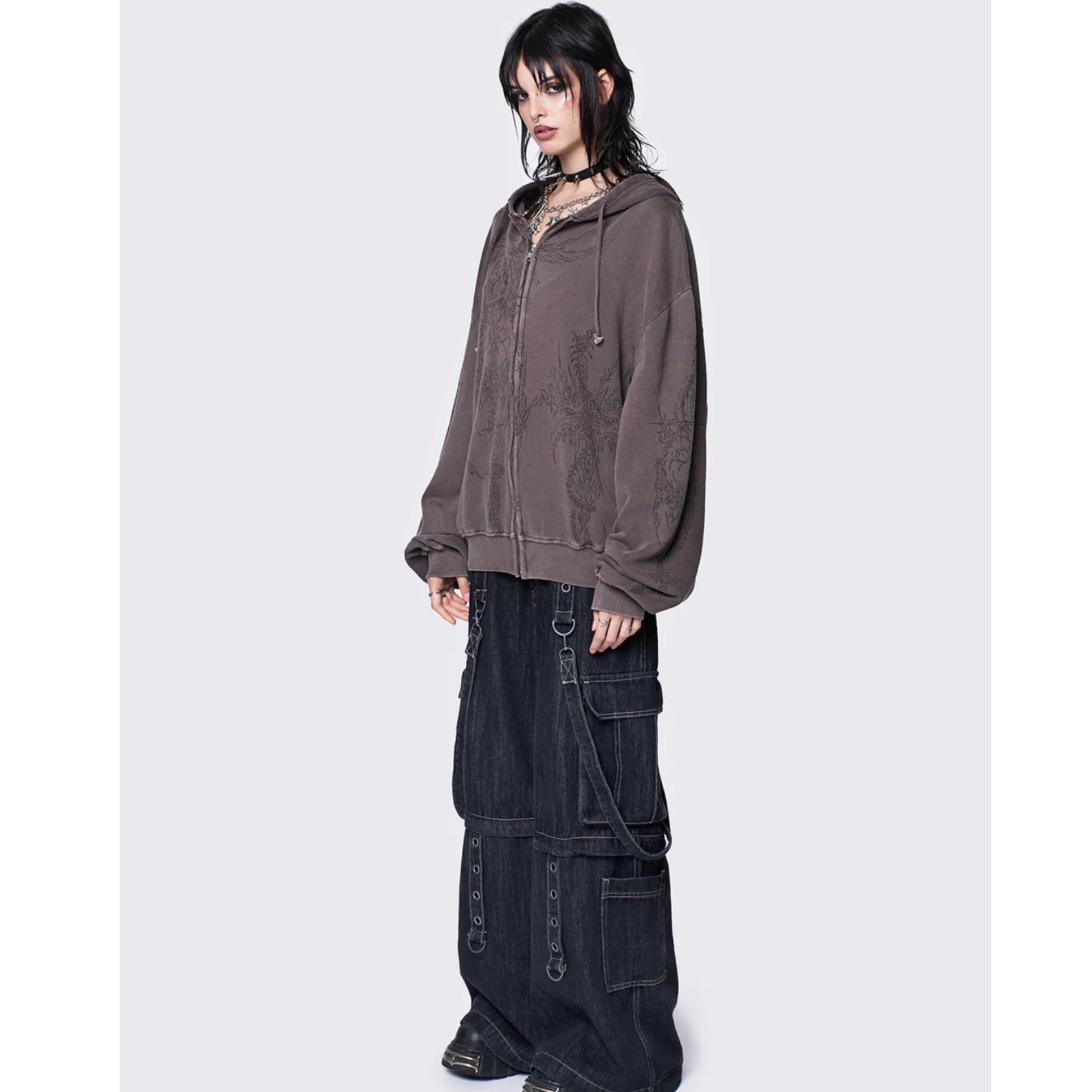 Minga London grunge enigmatic brown washed zip up hoodie jacket - Mysoullastforever