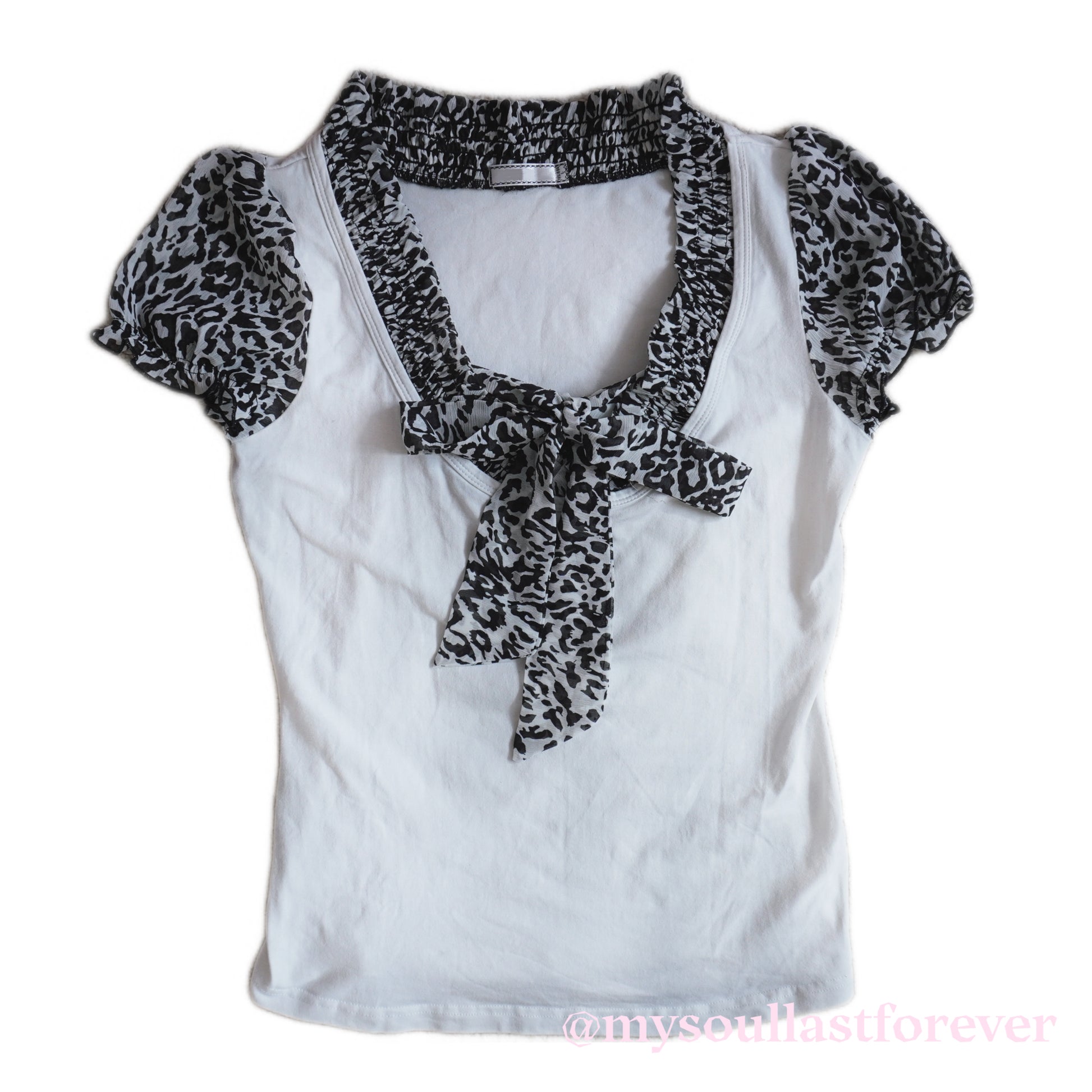R•M•K gyaru aesthetic puff sleeve with leopard print bow details top - Mysoullastforever