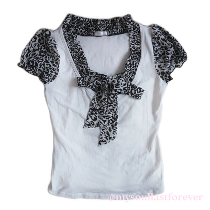 R•M•K gyaru aesthetic puff sleeve with leopard print bow details top - Mysoullastforever
