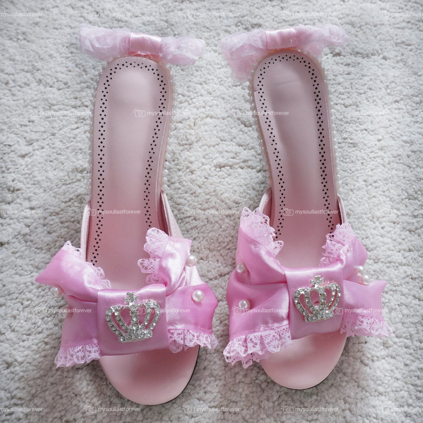 Handmade gyaru aesthetic bow pearls deco heeled sandals - Mysoullastforever