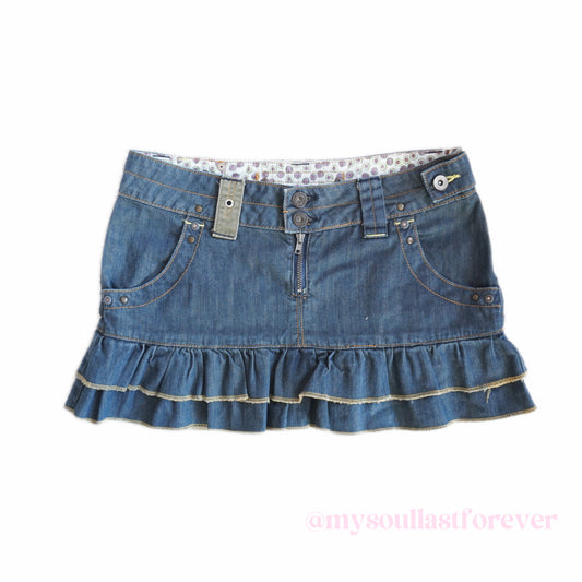 Vintage shouju core ruffle and pockets low waisted mini denim skirt - Mysoullastforever