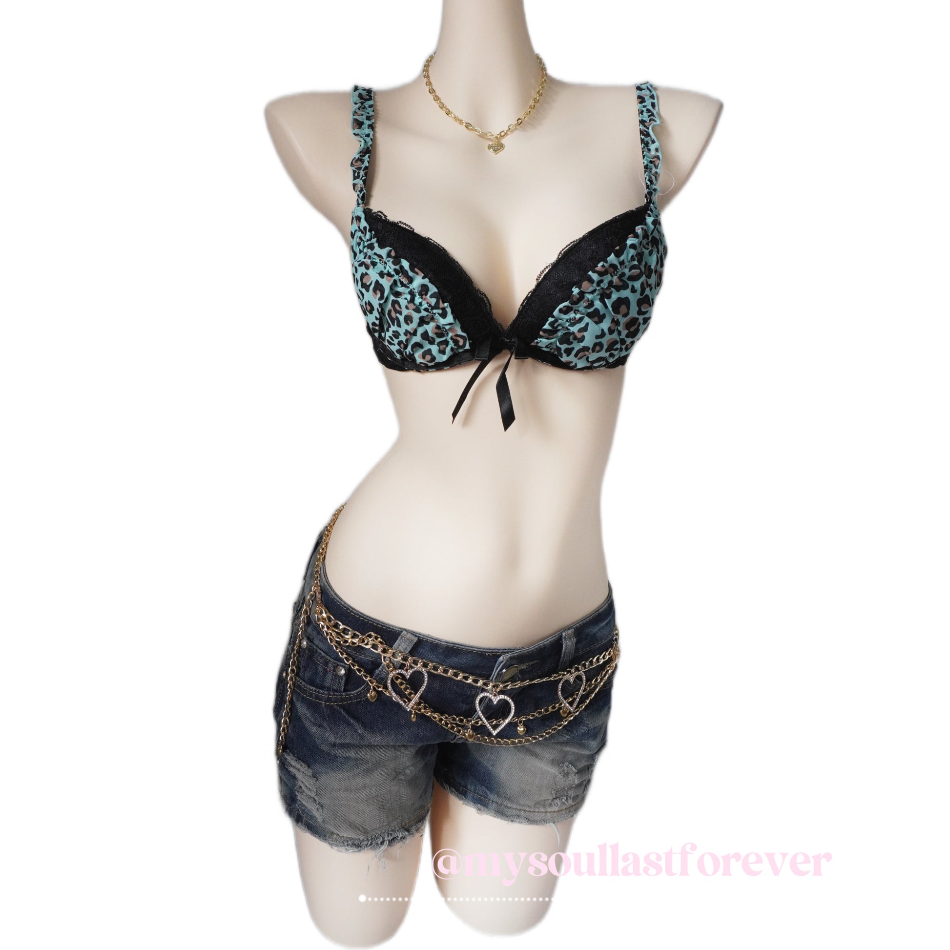 Mint choco gyaru aesthetic leopard print lace bra and shorts set - Mysoullastforever