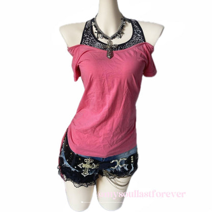 Vintage agejo gyaru leopard print off the shoulder top with side drawstring - Mysoullastforever