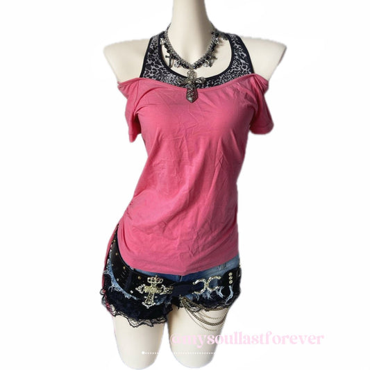 Vintage agejo gyaru leopard print off the shoulder top with side drawstring - Mysoullastforever