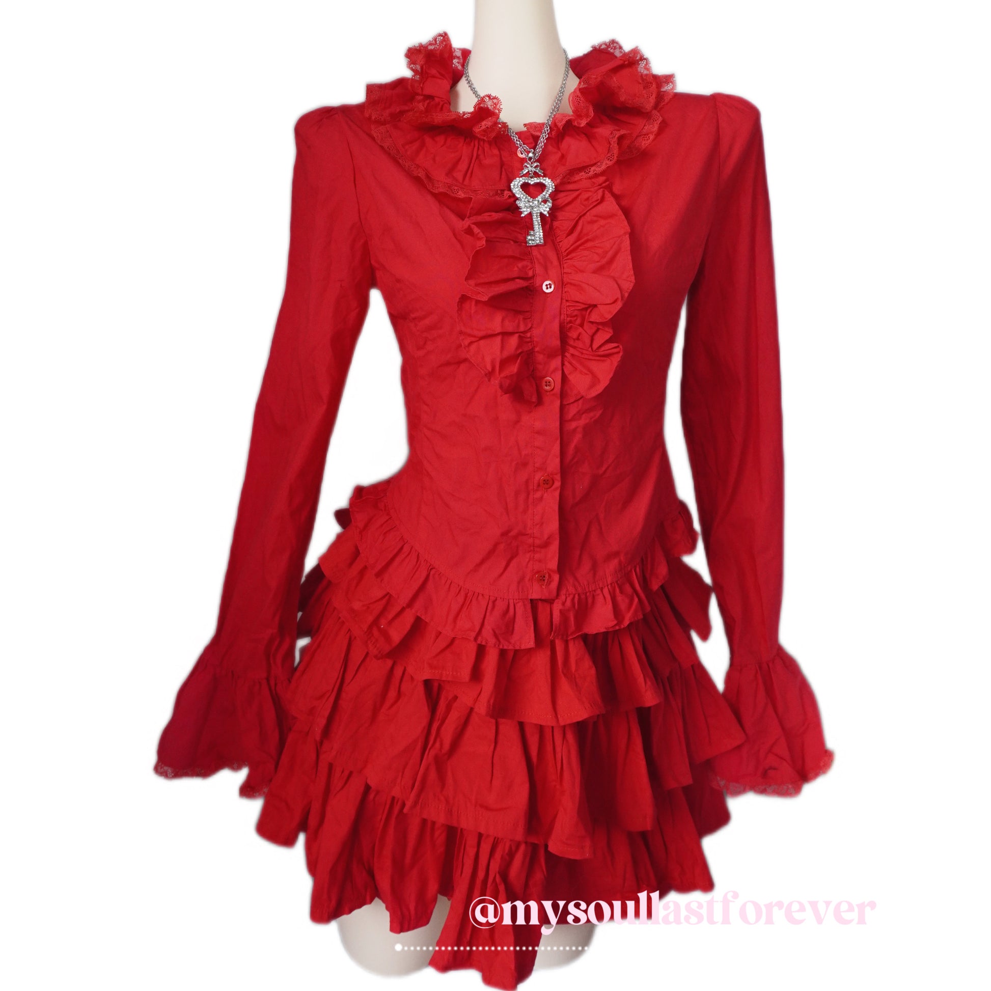 Independent brand Evil Tooth NANA vibe red ruffled long sleeve blouse and skirt set - Mysoullastforever