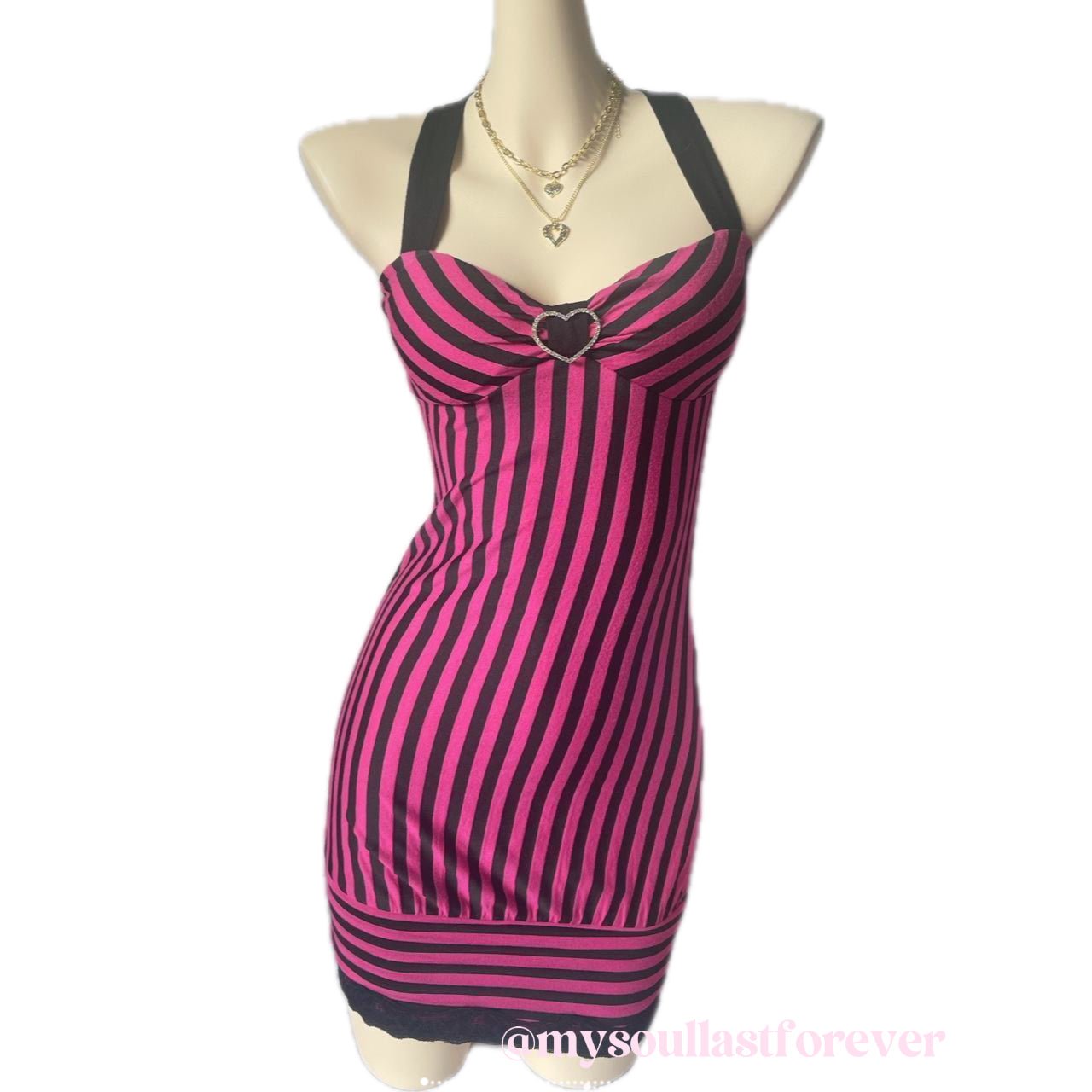 Vintage Gyaru aesthetic super rare striped bodycon dress with heart accent - Mysoullastforever