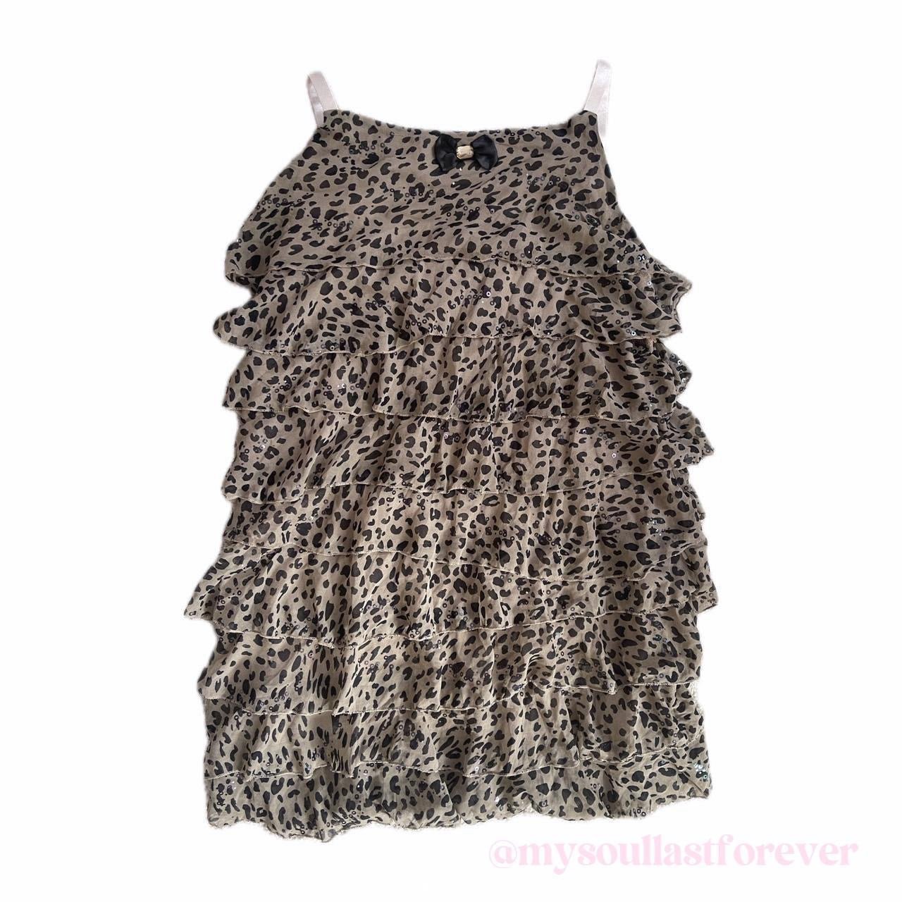 Vintage gyaru aesthetic mcbling leopard print ruffled layers babydoll dress with bow detail - Mysoullastforever