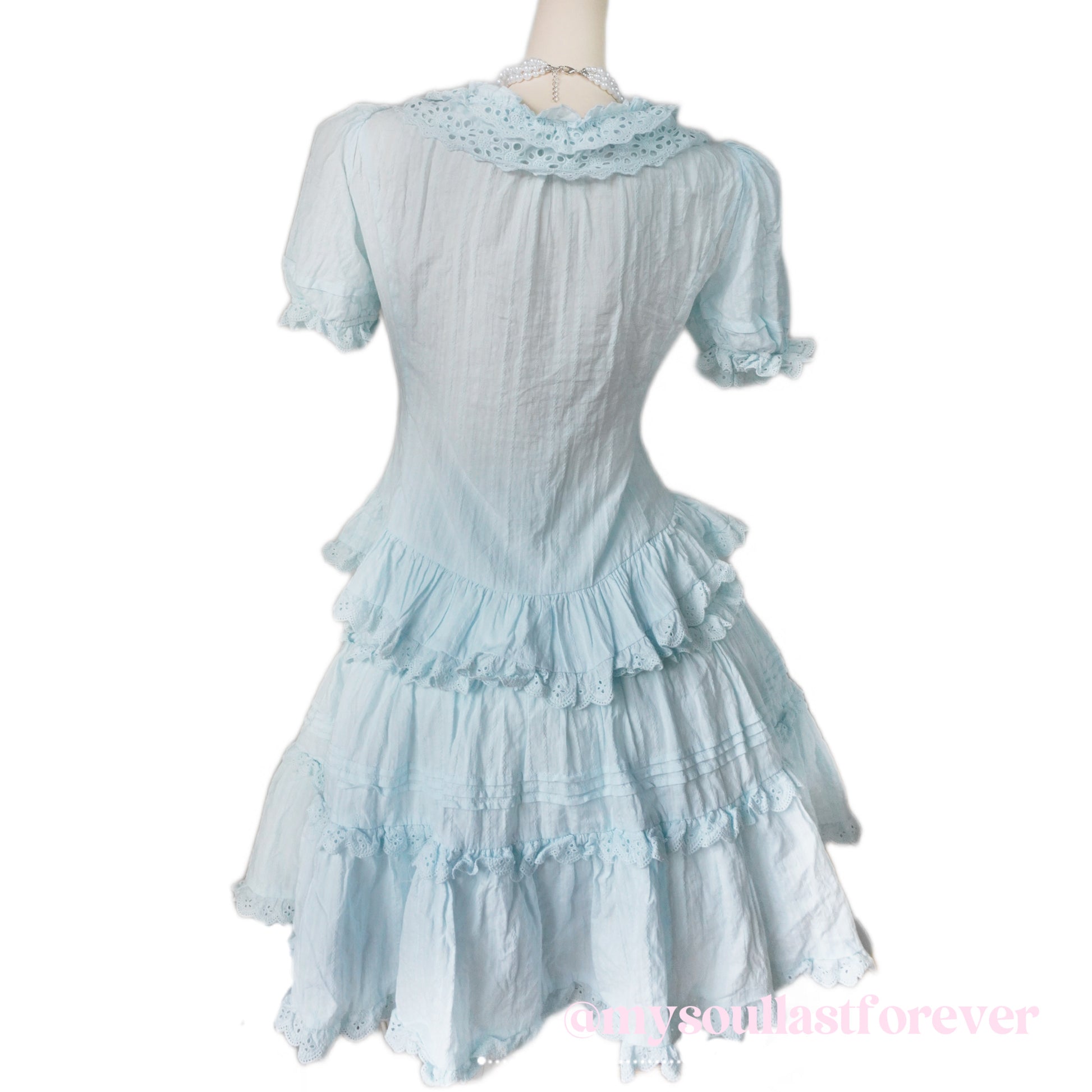 Independent designer brand Lost Romance baby blue Victorian style ruffle lace ribbon details lolita blouse and skirt set - Mysoullastforever