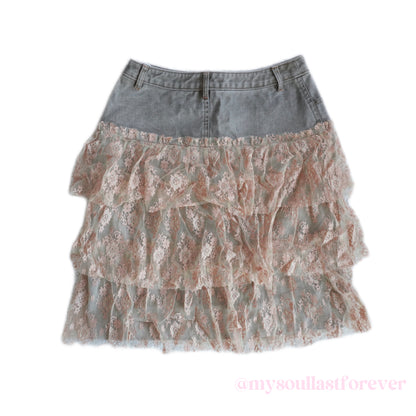 Vintage Brownie Bee shouju floral lace layered denim skirt - Mysoullastforever