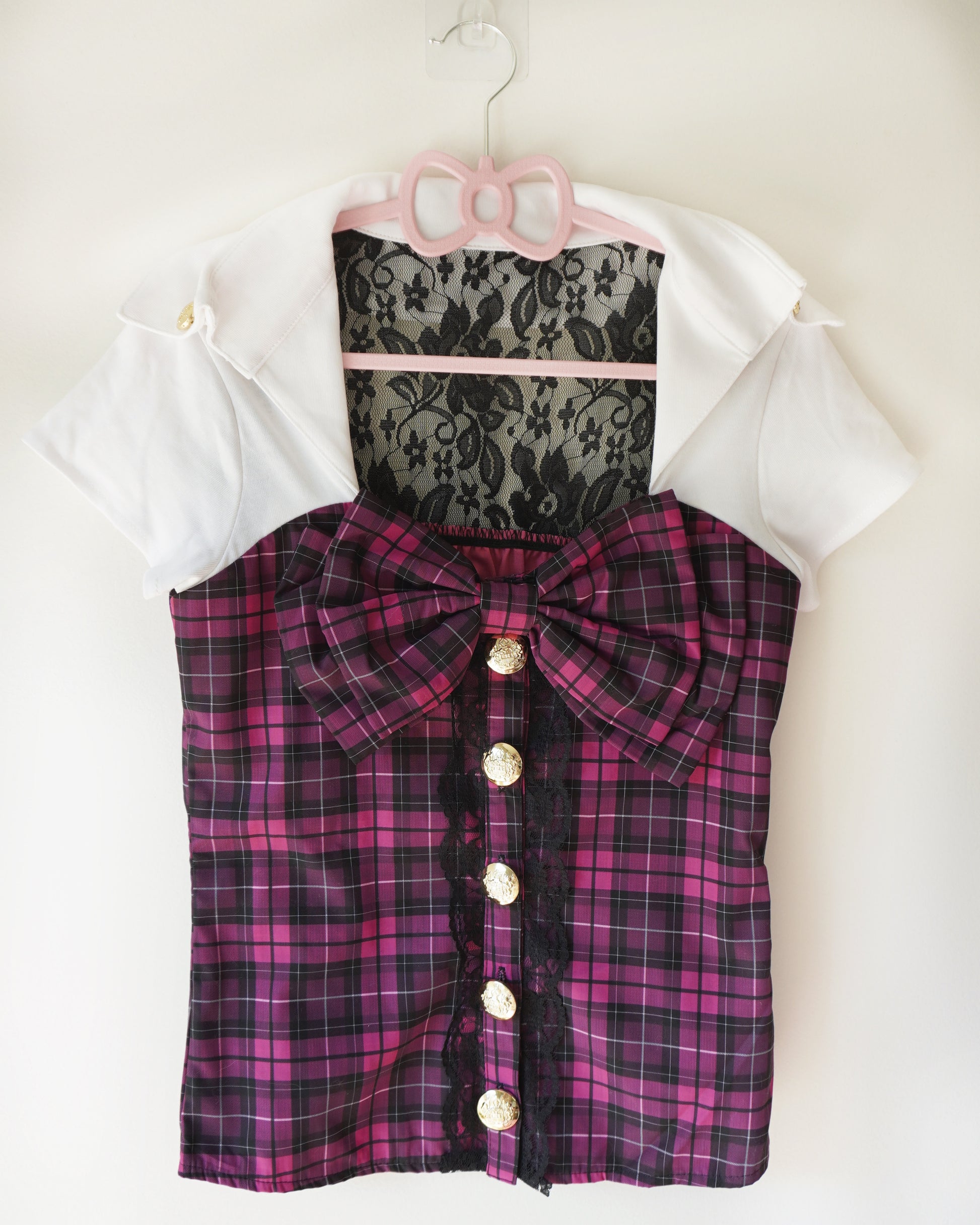 Vintage gyaru aesthetic lace back plaid top and mini skirt with bow tie - Mysoullastforever