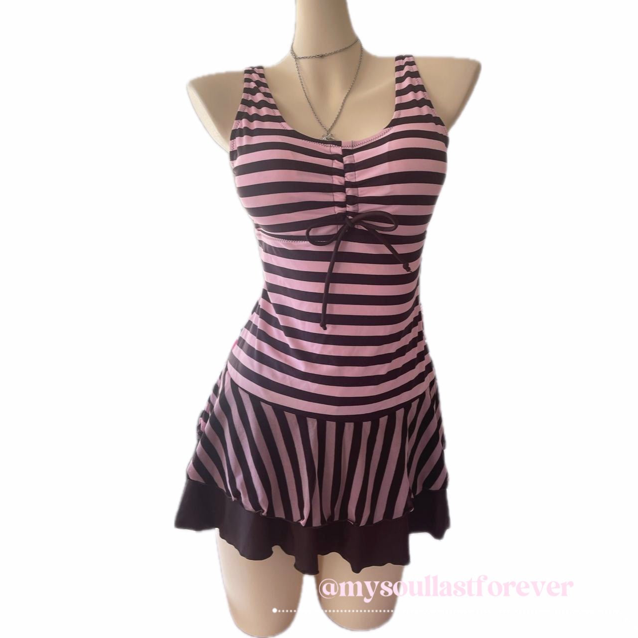 Gyaru aesthetic very rare choco striped one - piece ruffled swimsuit with adjustable tie - Mysoullastforever