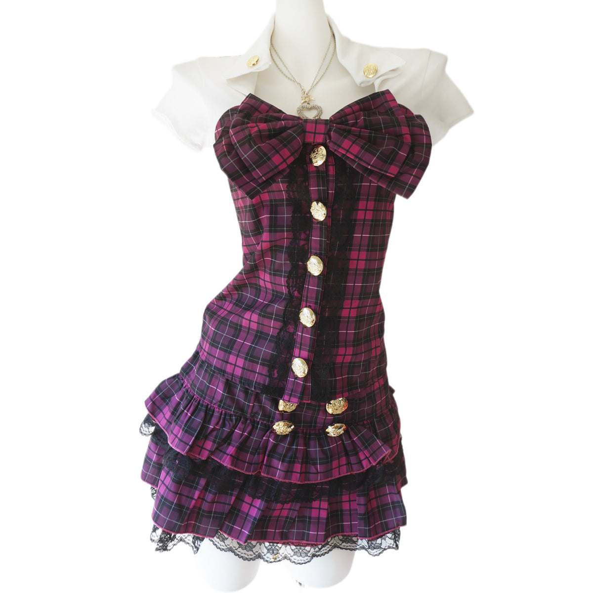 Vintage gyaru aesthetic lace back plaid top and mini skirt with bow tie - Mysoullastforever