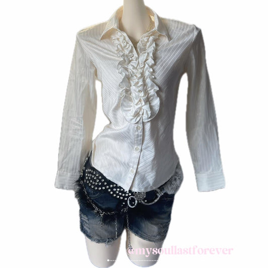 Vintage Glacier office siren silver threads ruffle blouse - Mysoullastforever