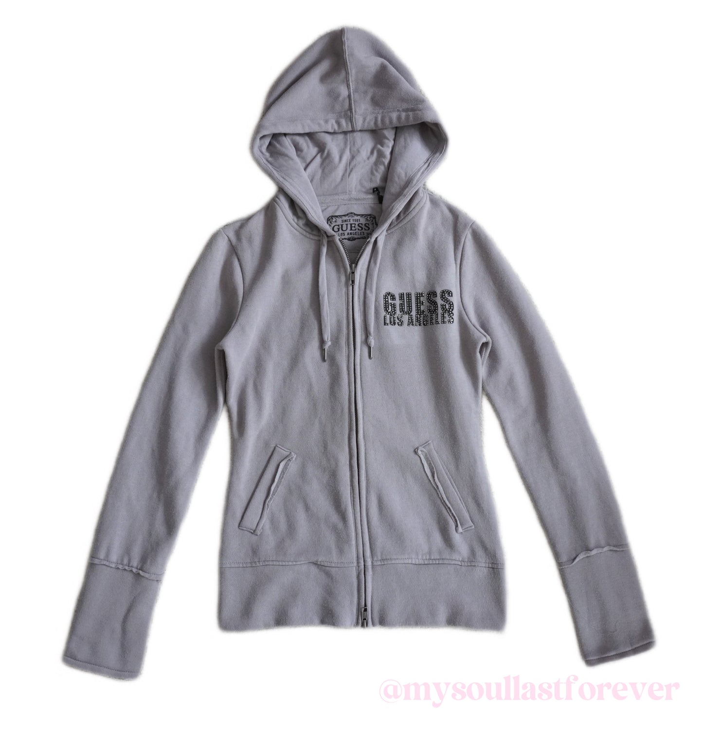 Vintage Guess archive rhinestones and studs newspaper graphic zip up jacket - Mysoullastforever