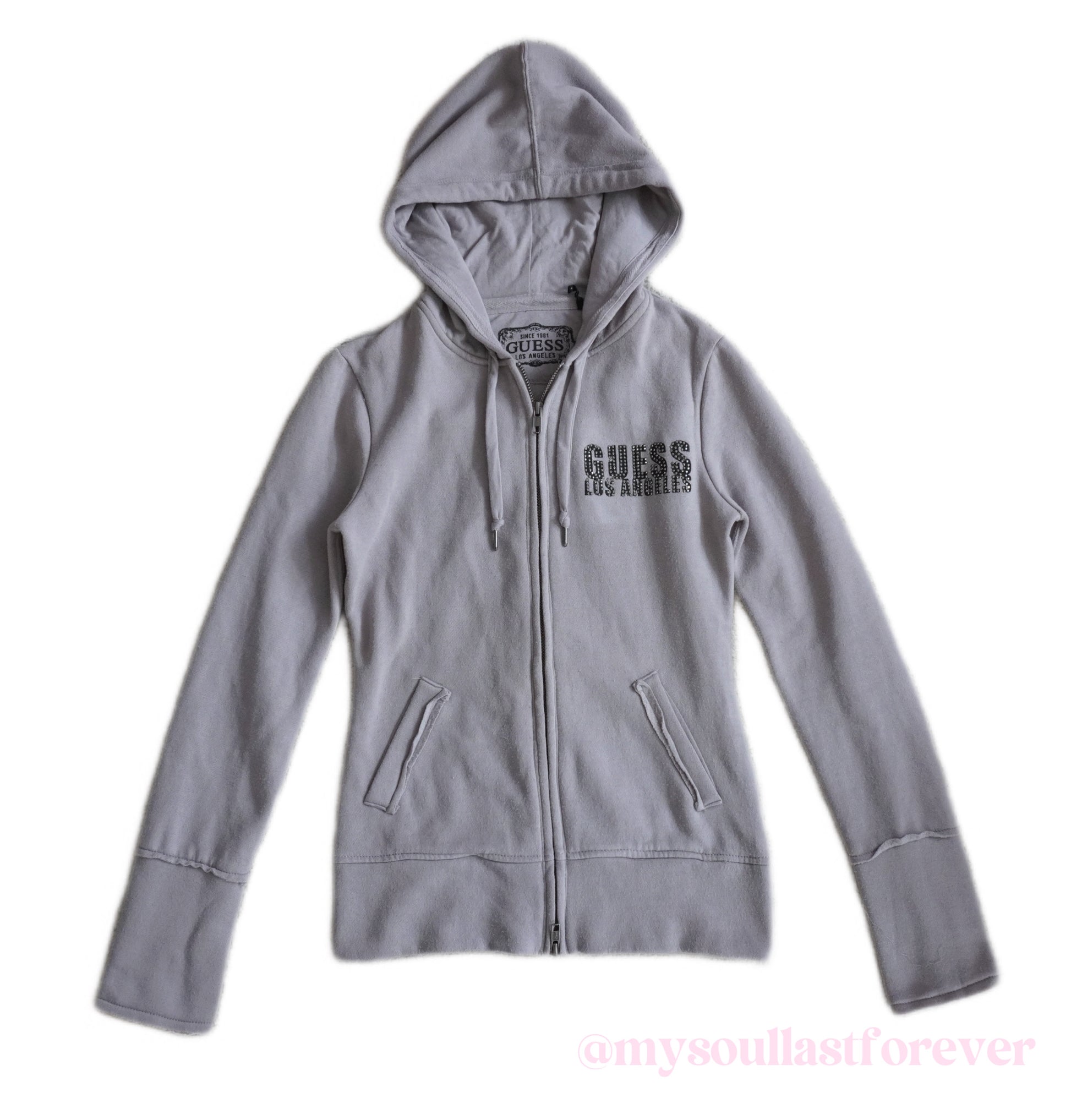 Vintage Guess archive rhinestones and studs newspaper graphic zip up jacket - Mysoullastforever