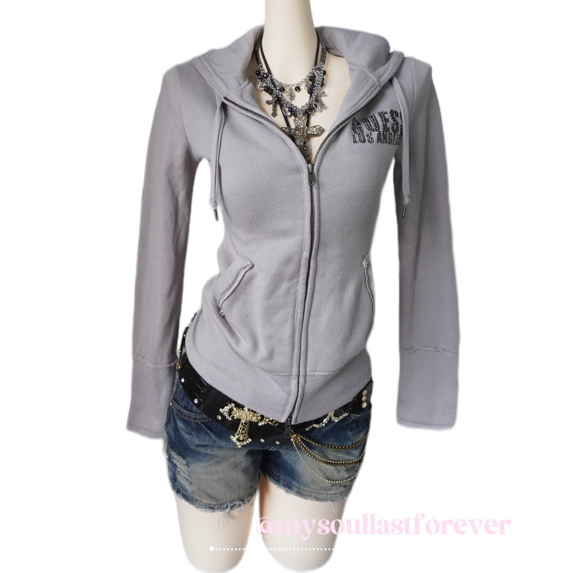 Vintage Guess archive rhinestones and studs newspaper graphic zip up jacket - Mysoullastforever