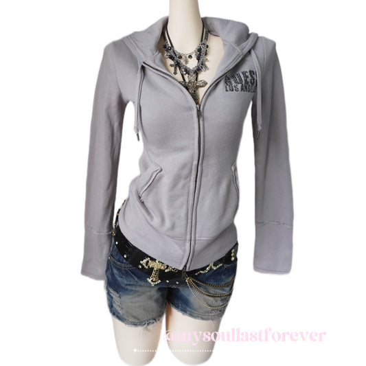 Vintage Guess archive rhinestones and studs newspaper graphic zip up jacket - Mysoullastforever