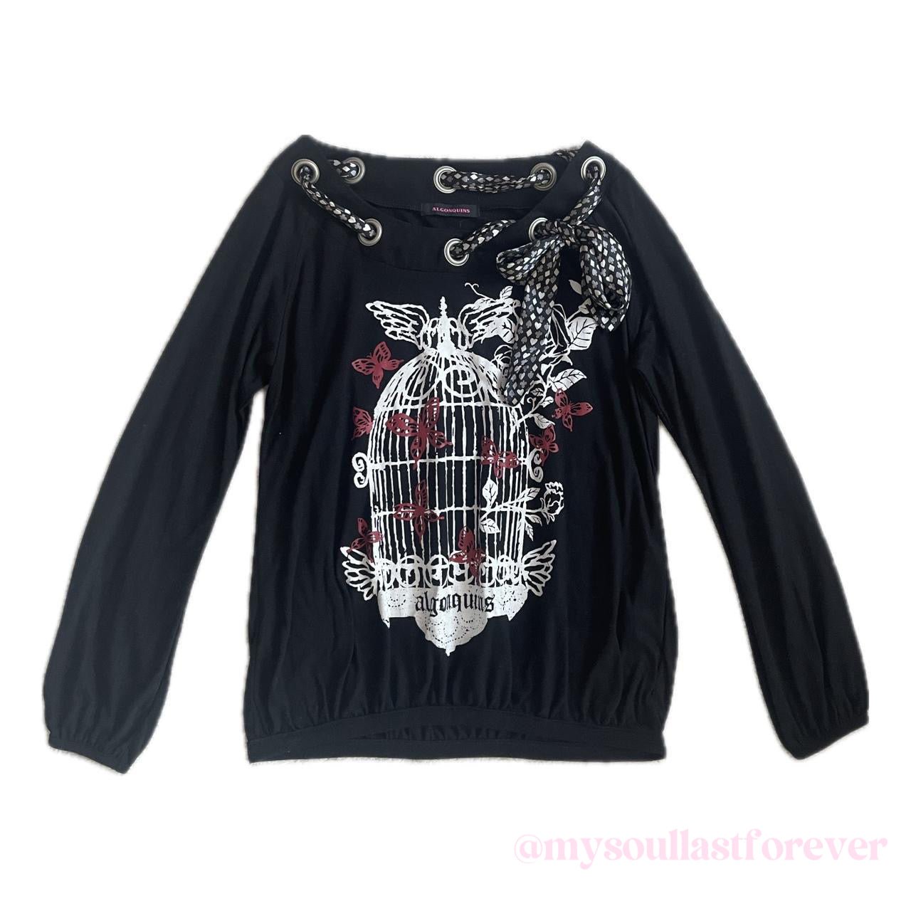 Vintage Algonquins 2000s aesthetic cage butterfly graphic long sleeves top with deco neck tie - Mysoullastforever