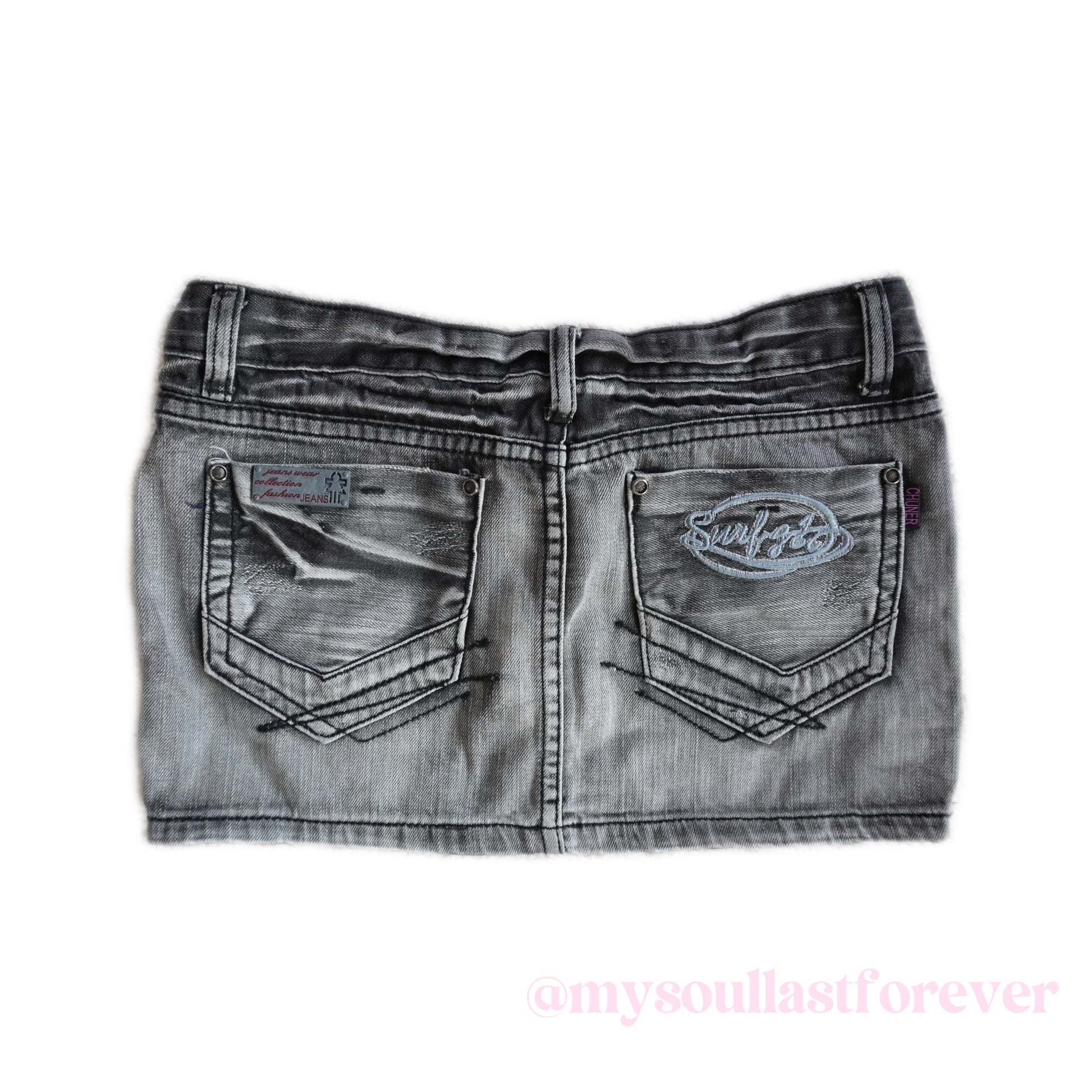 Vintage archive embroidered pocket distressed low waisted mini denim skirt - Mysoullastforever