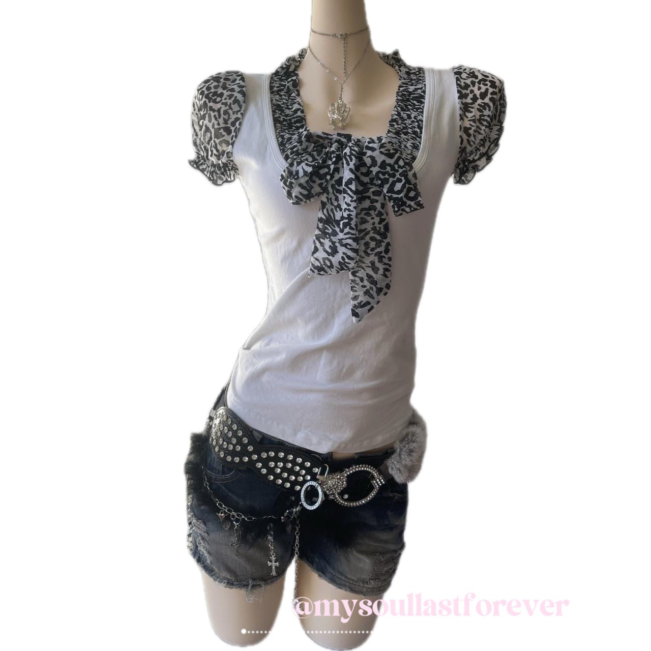 R•M•K gyaru aesthetic puff sleeve with leopard print bow details top - Mysoullastforever