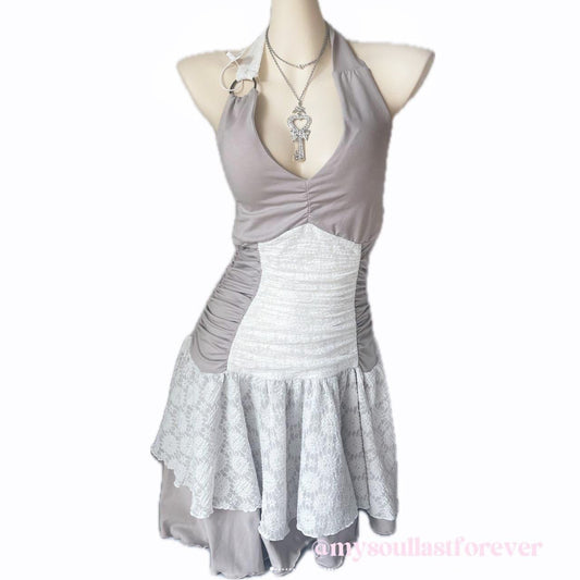 Independent designer brand Double Punch archive aesthetic lace ruffed ruched halter dress - Mysoullastforever