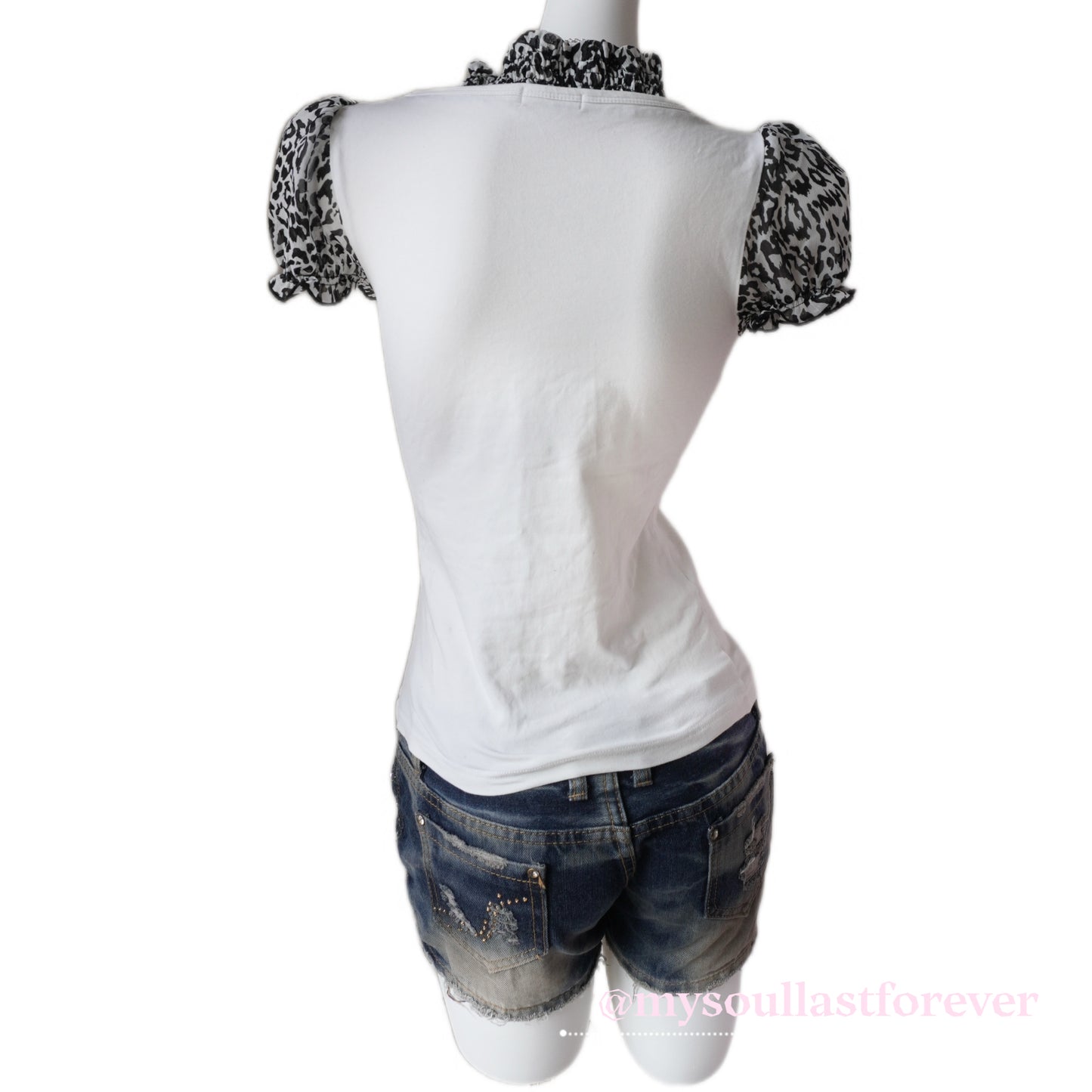 R•M•K gyaru aesthetic puff sleeve with leopard print bow details top - Mysoullastforever