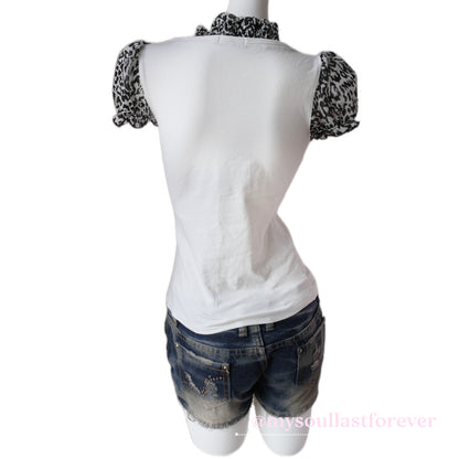R•M•K gyaru aesthetic puff sleeve with leopard print bow details top - Mysoullastforever
