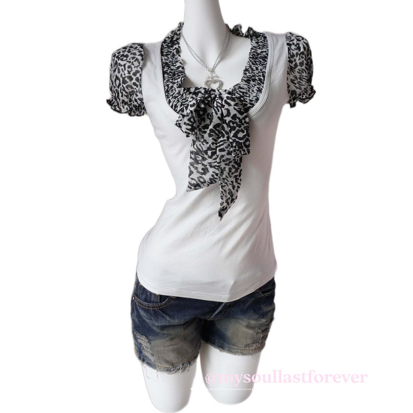 R•M•K gyaru aesthetic puff sleeve with leopard print bow details top - Mysoullastforever