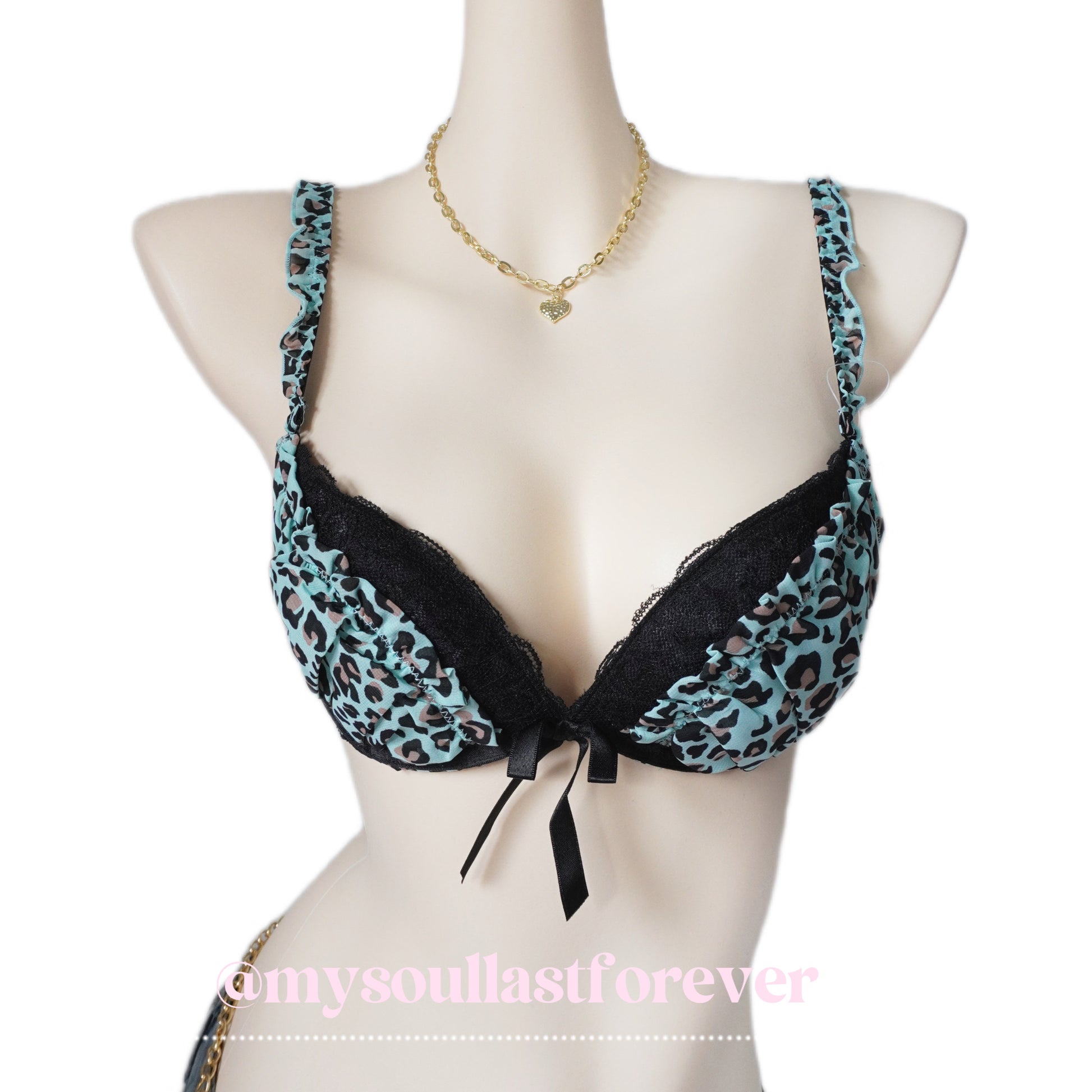Mint choco gyaru aesthetic leopard print lace bra and shorts set - Mysoullastforever