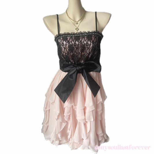 Vintage Pink Mix himekaji ruffled bow cami princess dress with lace details - Mysoullastforever