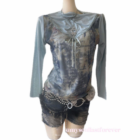 Vintage Point adorable shouju baby blue frill long sleeve top - Mysoullastforever