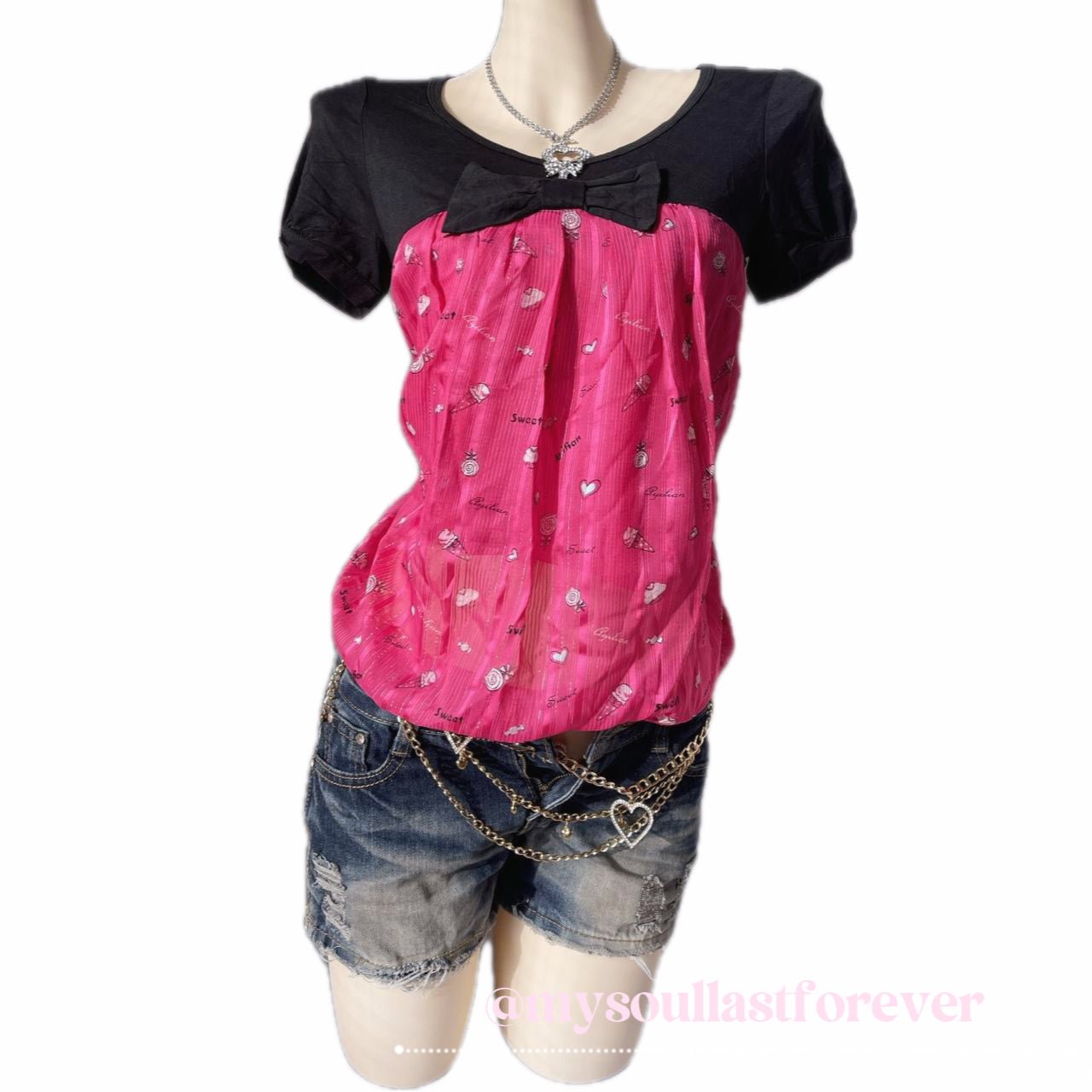 Vintage Ayilian Sgirl agejo gyaru sweet candy print babydoll top with ribbon detail - Mysoullastforever