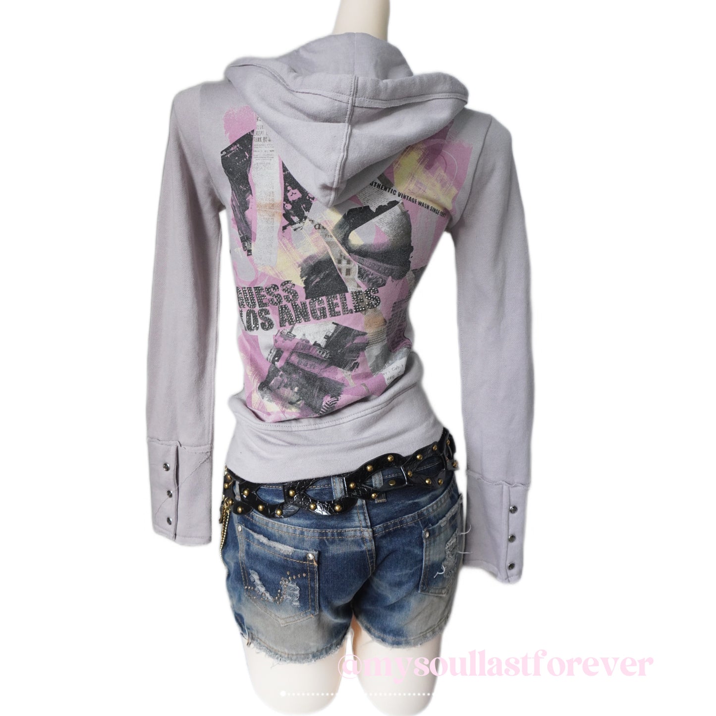 Vintage Guess archive rhinestones and studs newspaper graphic zip up jacket - Mysoullastforever