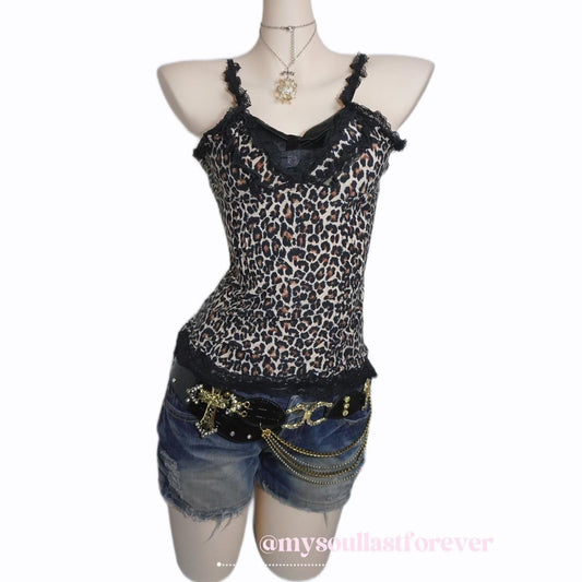 Vintage Sky Bomber gyaru aesthetic leopard print adjustable strap camisole with lace detailing - Mysoullastforever